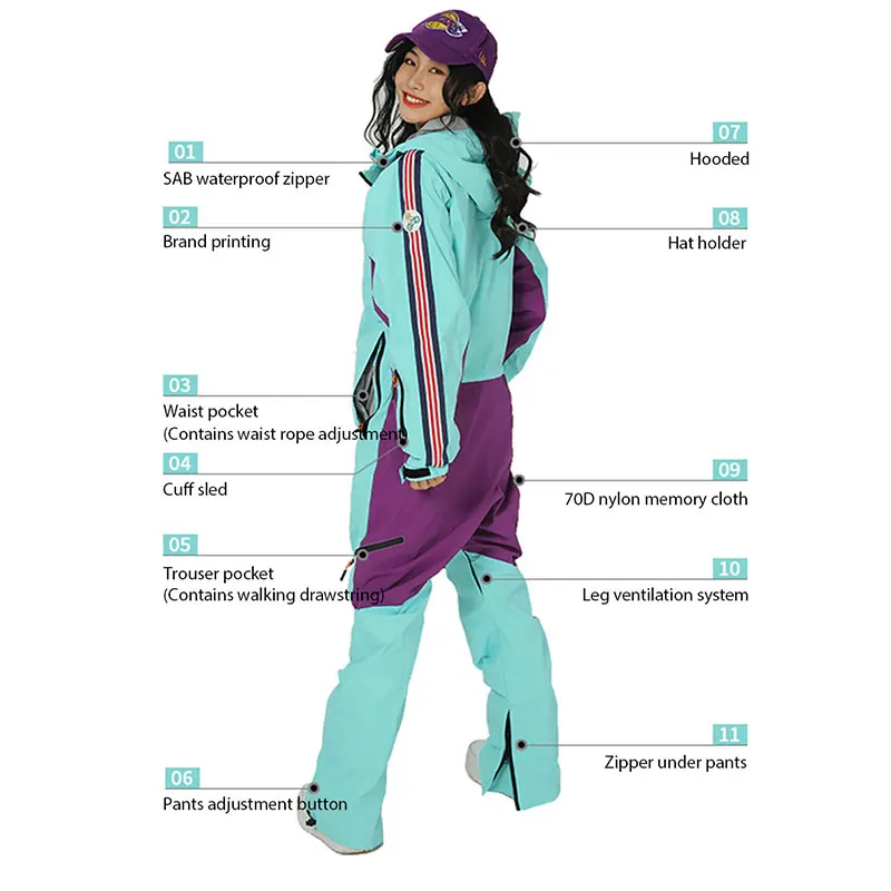 Цельный лыжный костюм для женщин зимний женский комбинезон улицы теплый