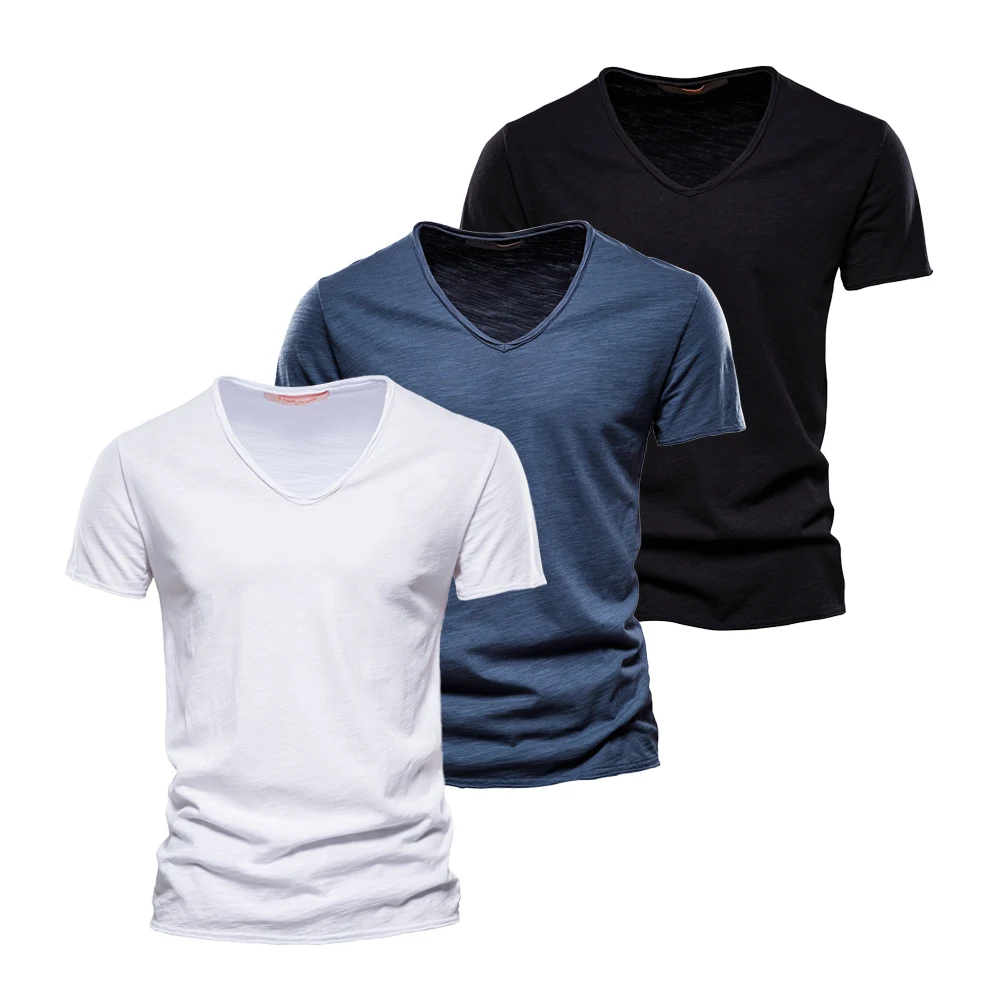 

B6681 Sets 100% Katoen Mannen T-shirts Fashion Design V-hals Casual Slim Fit Basic Effen Zomer T-shirt voor Mannen