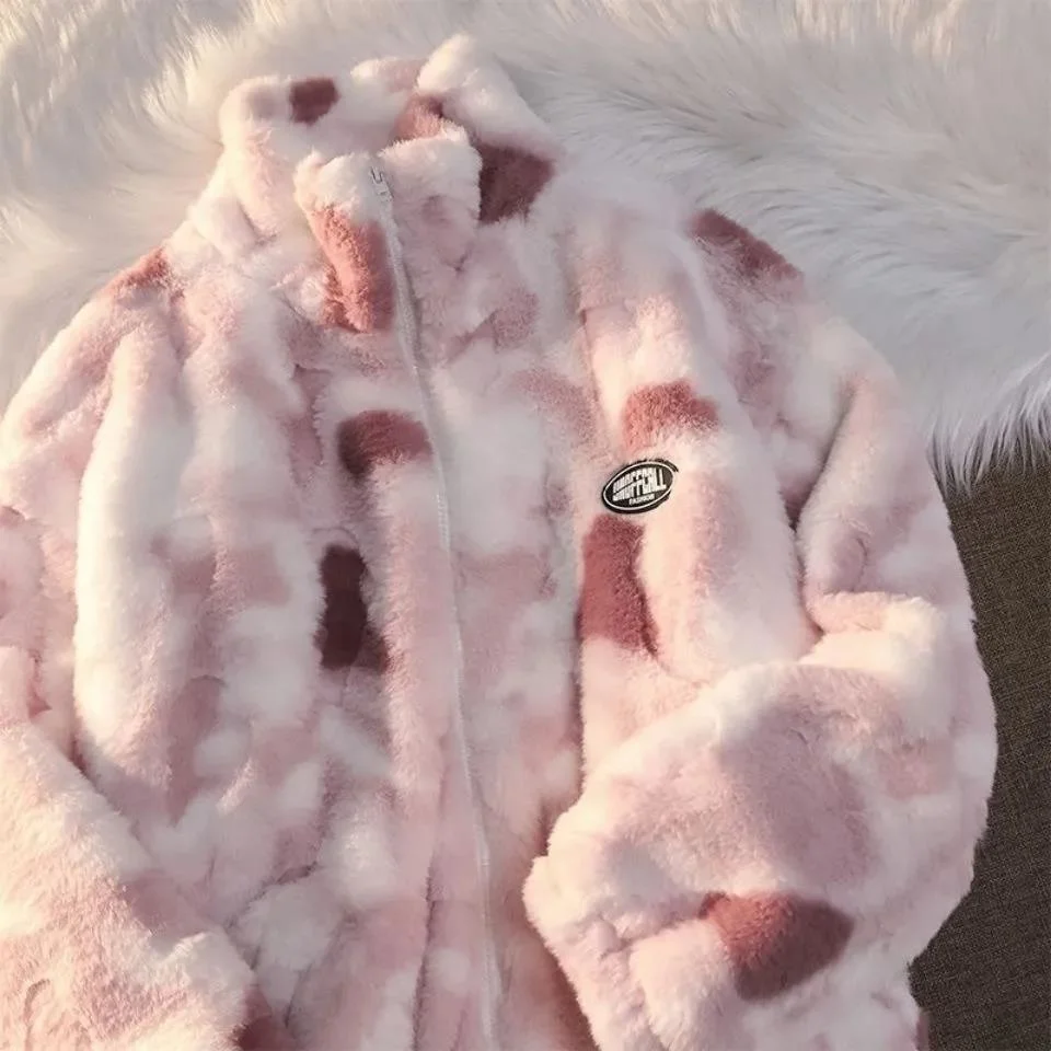 

Новая плюшевая зимняя куртка tie-dye, Женская Теплая Бархатная Толстая бархатная куртка из ягненка, модная розовая куртка, зимняя одежда для женщин в Корейском стиле