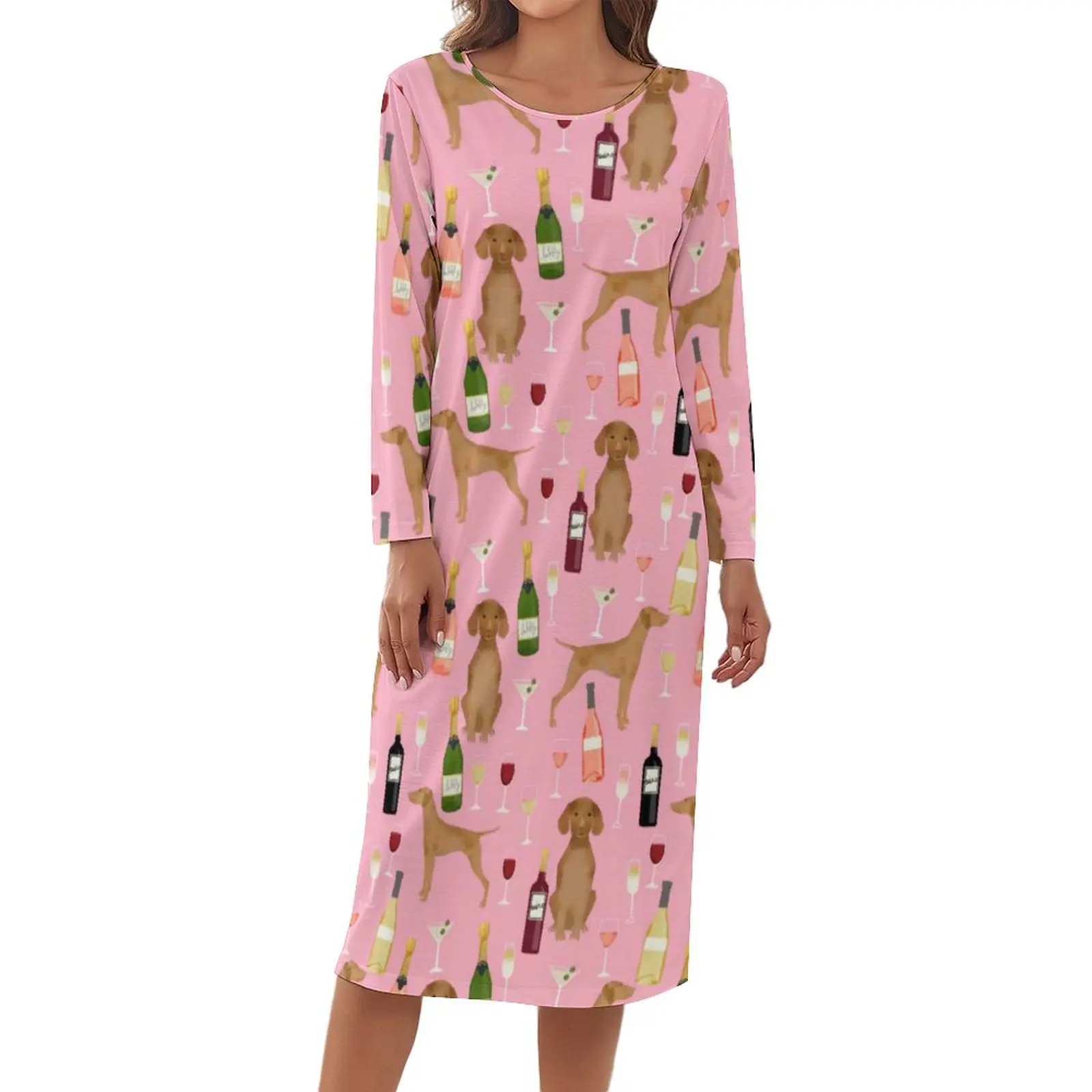 

Wine Lover Pajamas Female Vizsla Dog Print Leisure Dresses Autumn Long Sleeve Kawaii Nightgown O Neck Printed Home Suit