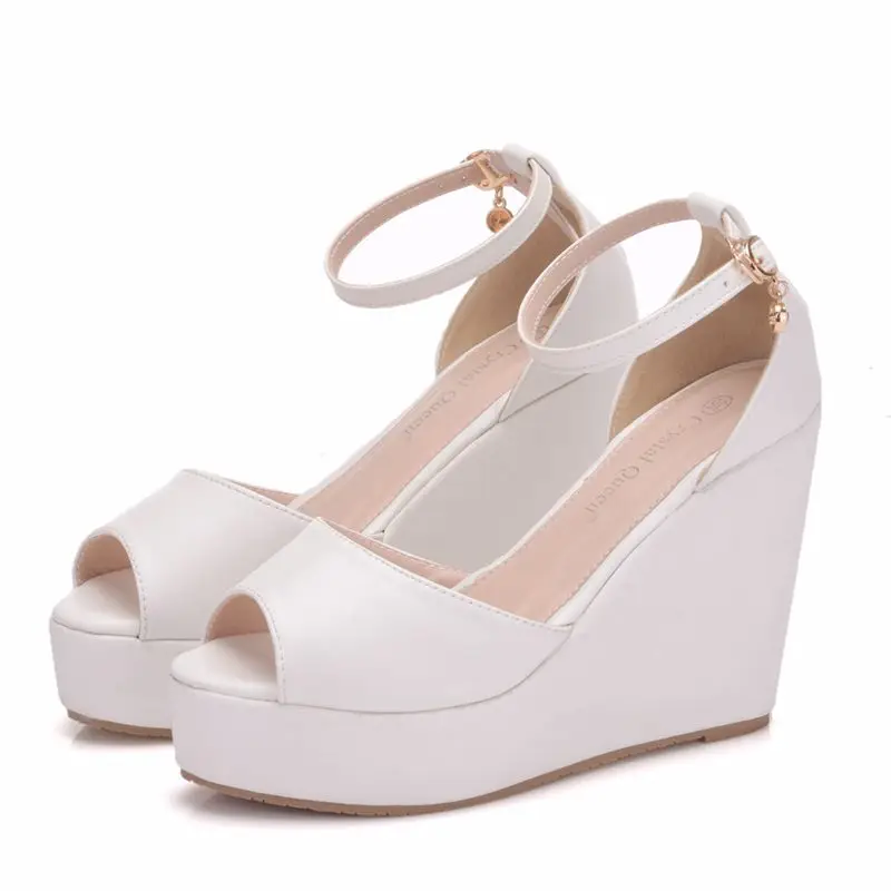

Top Bohemian Wedges High Platform Shoes Women Peep Toe White Pu High Heels hemp rope fish mouth sandals