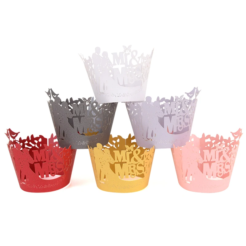 

10/20Pcs Mr & Mrs Hollow Cupcake Wrapper Paper White Cake Cup Liner Baking Muffin Decor Engagement Wedding Party Decoration