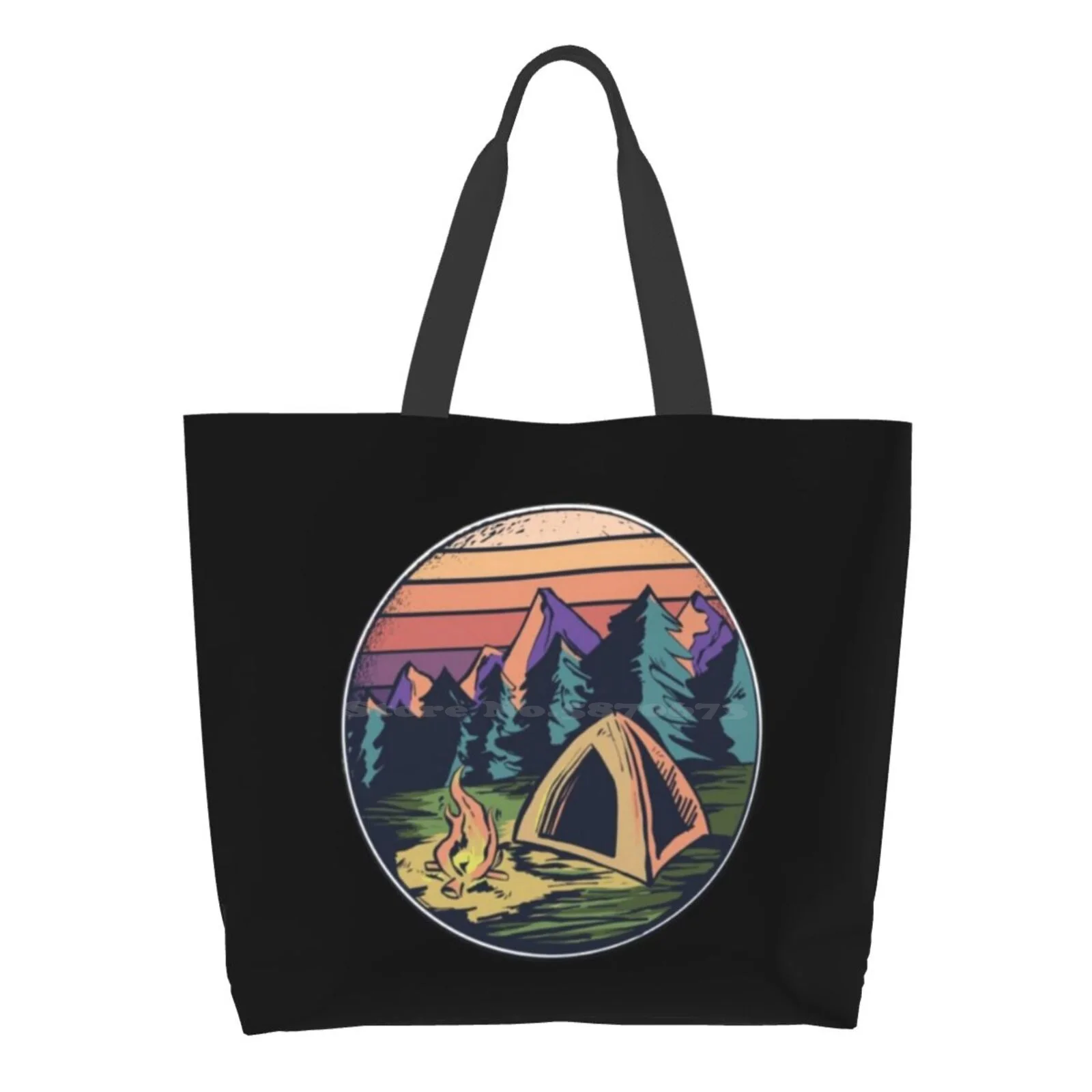 

Happy Camping Outdoors Vintage Retro Sunset Girls Handbags Shoulder Bags Large Size Camping Trees Hunter Nature Outdoors