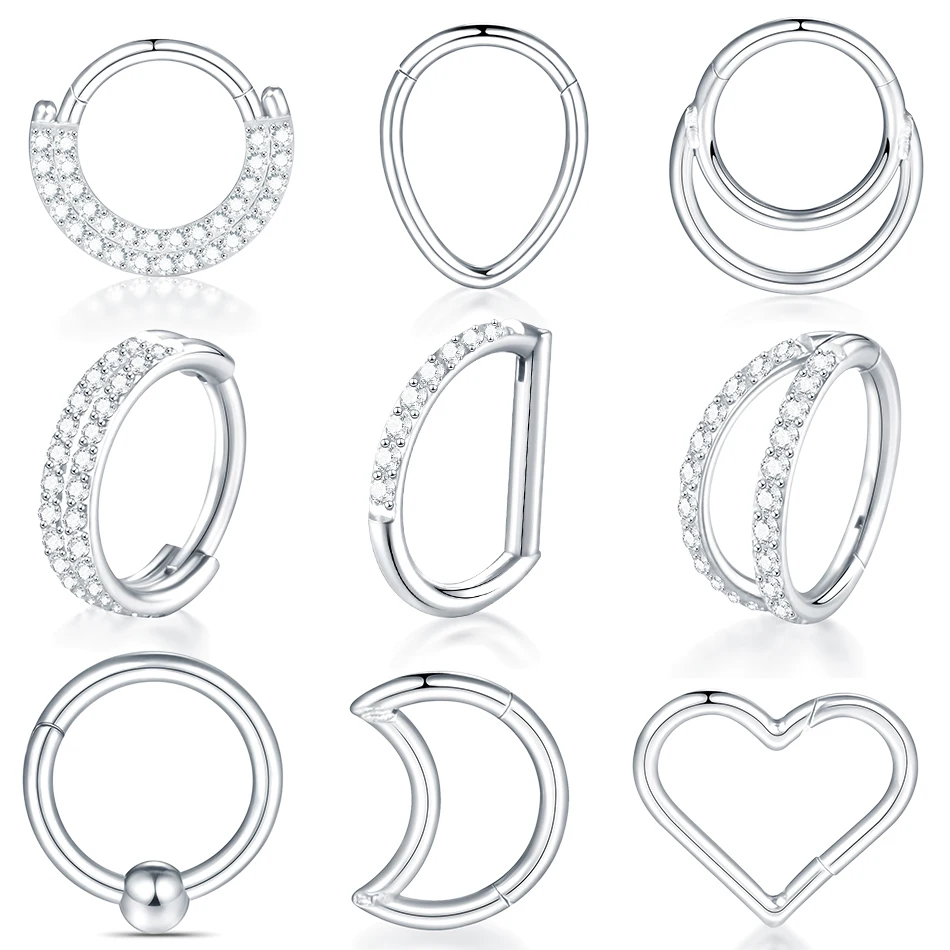 1PC Surgical Steel CZ Segment Septum Nose Rings Hoop Clicker Heart Moon Ear Cartilage Tragus Daith Earring Piercings Jewelry16G