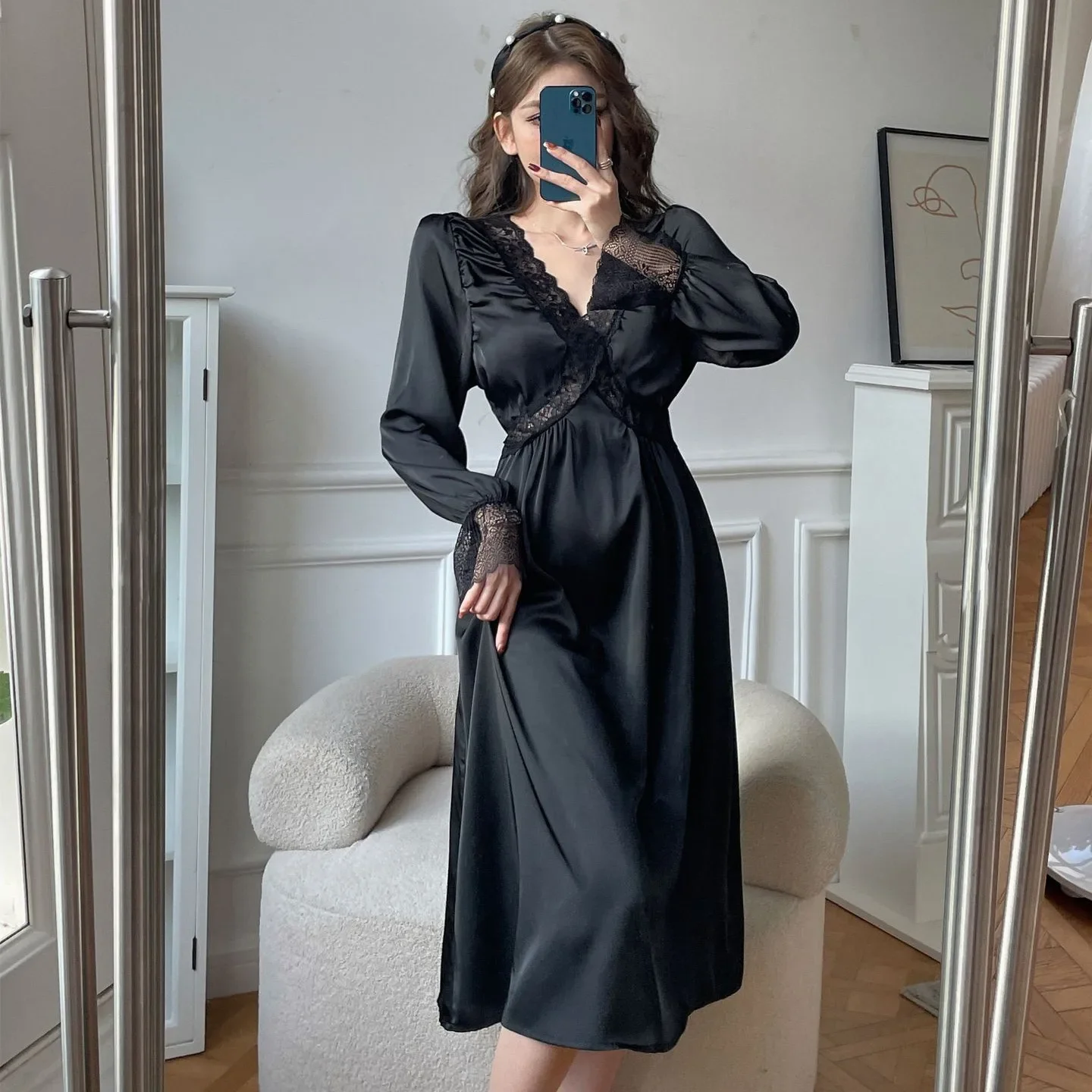 

Новая женская ночная сорочка во французском стиле из вискозы с кружевной отделкой V-образным вырезом и длинным рукавом Сексуальная Однотонная ночная рубашка Пижама для женщин пижама Pj