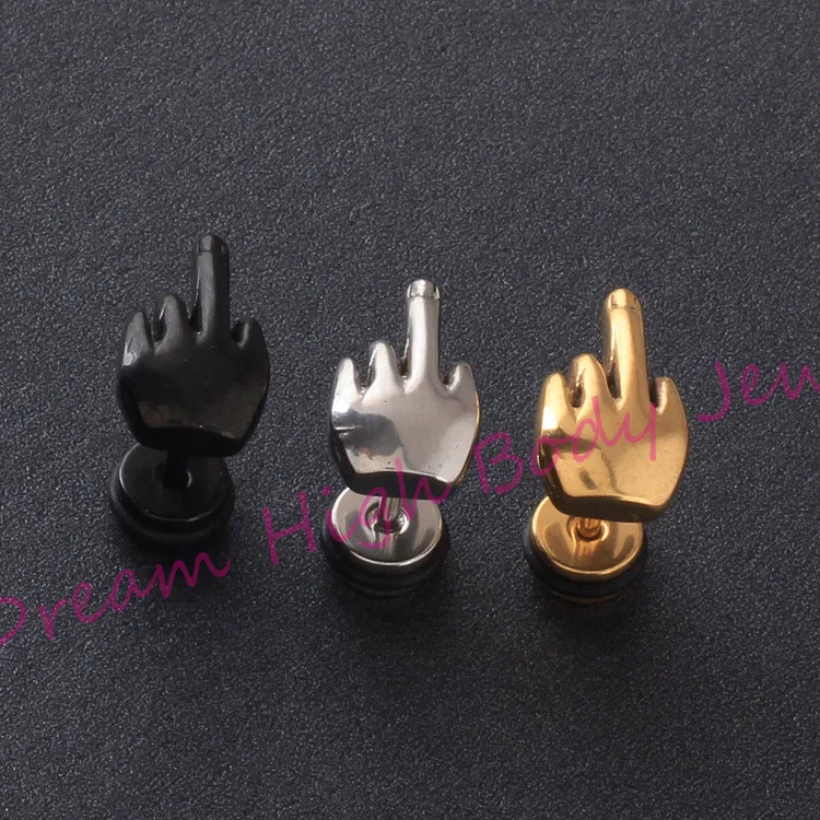 

HENGKE Jewelry Rock Middle finger Shape men earrings Summer style pierced Stainless Steel Jewelry High Quality 60pcs/lot