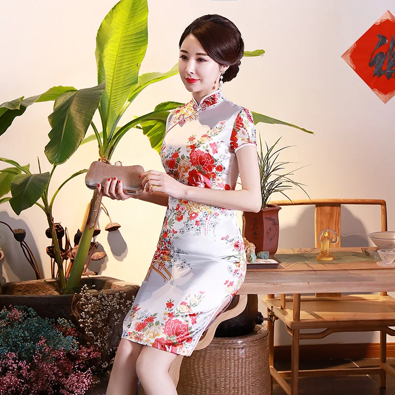 

Sexy Satin Women Prom Party Dress Elegant Cheongsam Vestidso Mandarin Collar Split Traditional Hand Print Flower Button Qipao