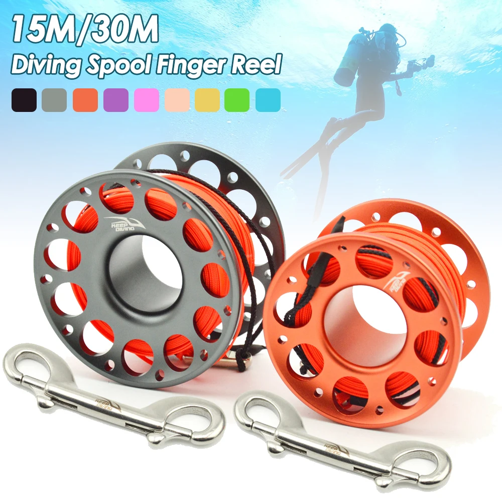 

15M/30M Aluminum Alloy Scuba Diving Spool Finger Reel With Stainless Steel Double Ended Hook SMB Equipment Cave Dive Parts