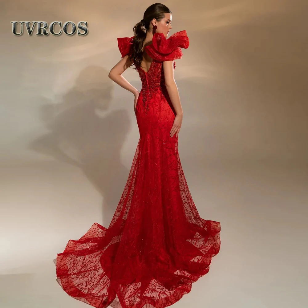 

UVRCOS Sparkly V Neck Trumpet Ruffles Evening Dresses Graduation Prom Beads Celebrity Girl Party Gown Robes De Soirée Customised