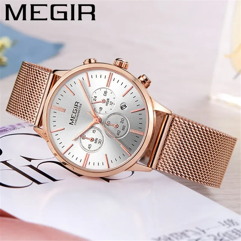 Женские часы MEGIR классические водонепроницаемые из нержавеющей стали с