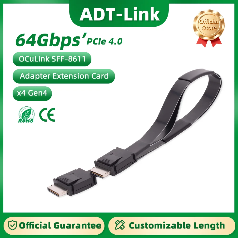 Фото ADT-Link PCI-E 4.0 X4 SFF-8611 Мужской удлинительный кабель FFC Oculink 64 Гбит/с для внешней графической док-станции, видеокарты, сервера ПК OCuLink №1