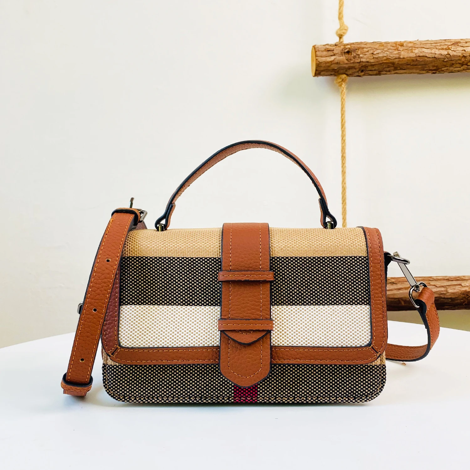 

WENCZLY Crossbody Bag Luxury Designer Handbags For Women Genuine Leather With Canvas Striped Contrast Decor Small Shoulder Bags