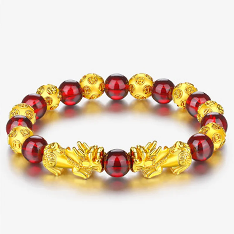 

Pixiu переводной браслет из граната с красным кристаллом копия 100% Настоящее золото 24k монета бусины