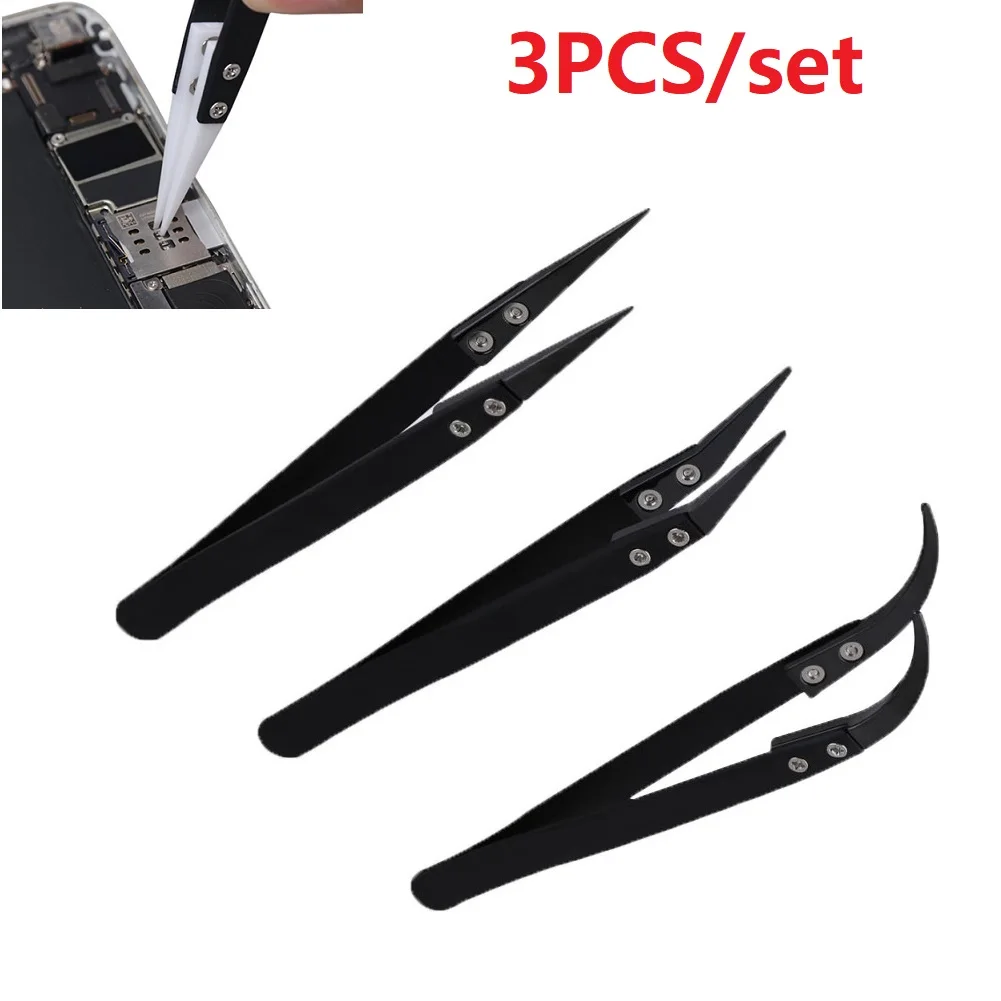 

3pcs Ceramic Reverse Tweezer Set Black Little Curved/Big Curved/Straight Tweezer Anti-Static Heat Resistant Hand Tool