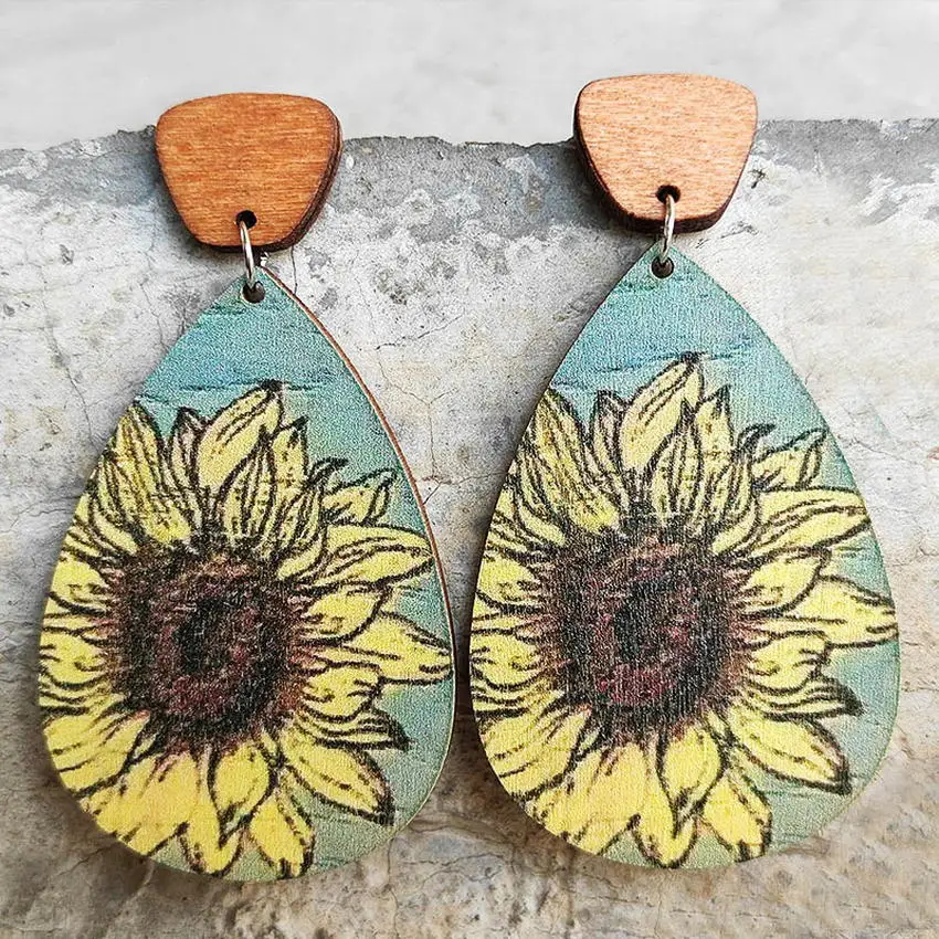 

UV Print Flowers and Plants Wood Teardrop Dangle Earrings for Women 2022 New Bohemian Female Earrings Boutique Jewelry Wholesale