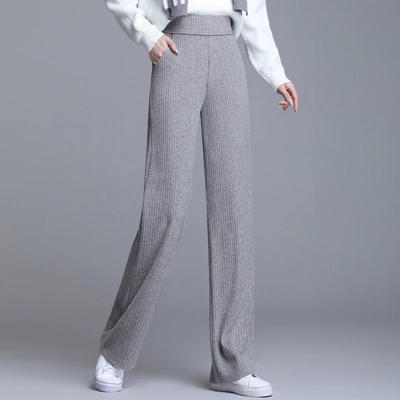 

Кашемировые вязаные широкие брюки женские осенне-зимние Утепленные подвесные Свободные повседневные Прямые брюки с высокой талией для мыт...