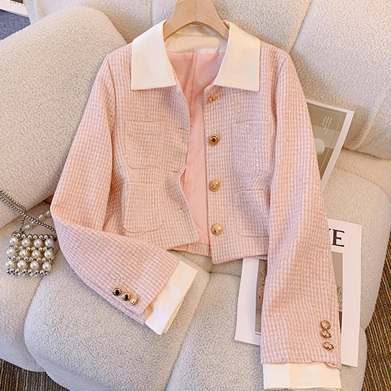 

2023 Autumn Winter Small Fragrance Fashion Sequined Pink Plaid Tweed Jacket Coat Female Casual OL Long Sleeve Outerwear