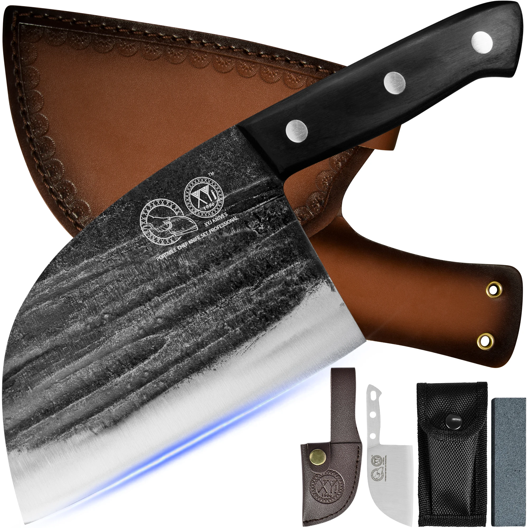 

XYj 6-дюймовый кухонный нож для мясника, кованый сербский шеф-повар, лагерь мясника, ножи из нержавеющей стали для нарезки мяса и рыбы с портативным футляром