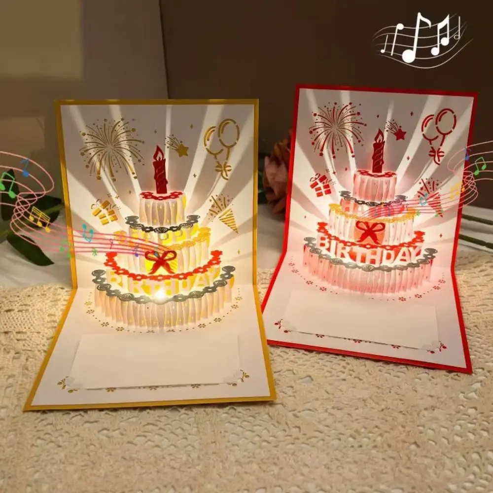 Фото Музыкальная светящаяся 3D-открытка с выпрыгивающим тортом на день рождения, складная, с конвертом, светящаяся поздравительная открытка-торт №5