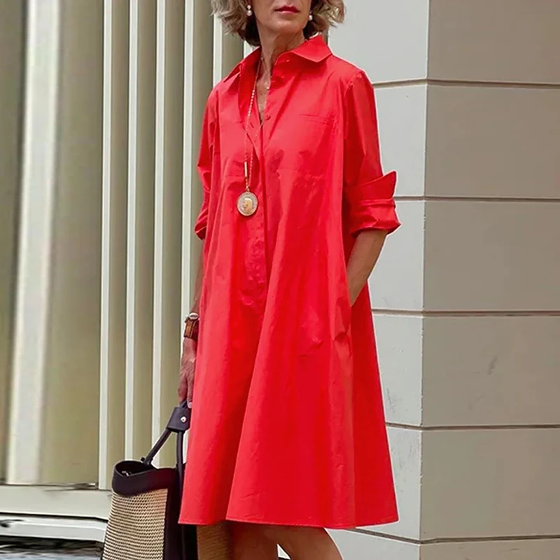 

Women Elegant Shirt Dress 2023 Summer Casual Turn-down Collar Pocket Loose Midi Dresses Female Solid Long Sleeve Print Dresses