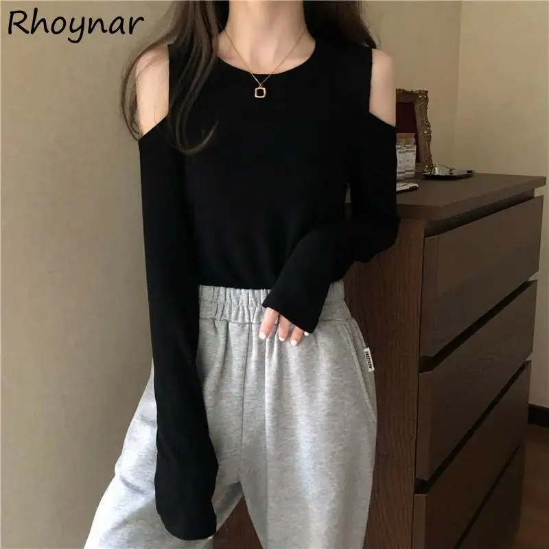 

T-shirts Women Off-shoulder Long Sleeve Solid Students Ulzzang Leisure Minimalist Design Classy Female Tees All-match Sexy Cozy