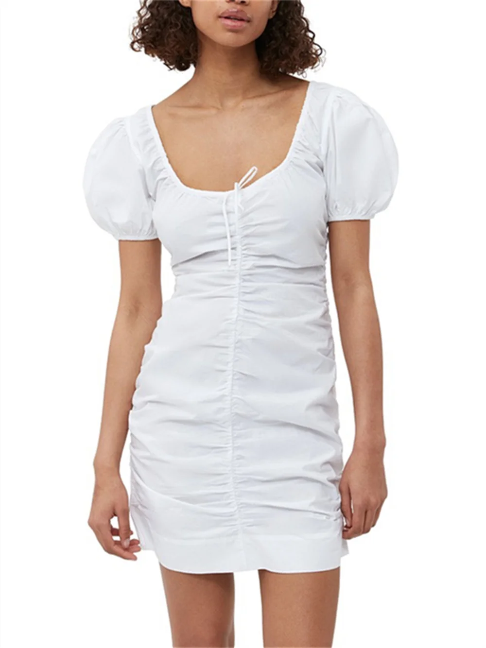 

Женское Плиссированное мини-платье на завязках с квадратным вырезом, Новинка лета 2023, женское облегающее белое платье с запахом и коротким пышным рукавом