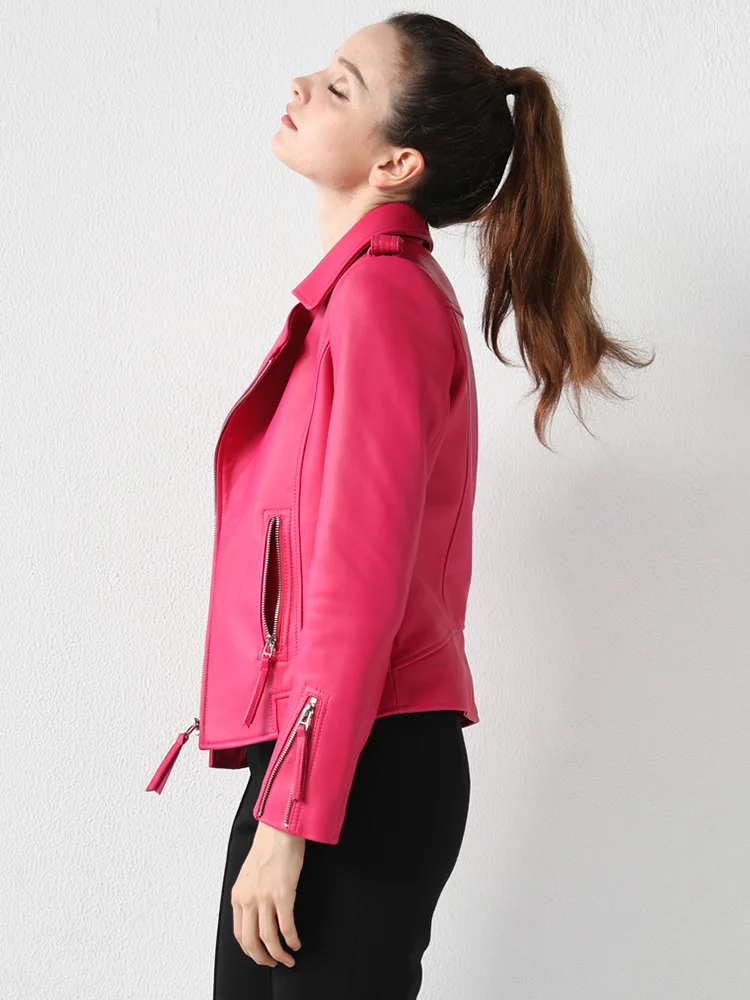 New Women Genuine Leather Jacket Spring Autumn Fashion Turn-down Collar Soft Sheepskin Short Moto Coat Slim Outerwear Female