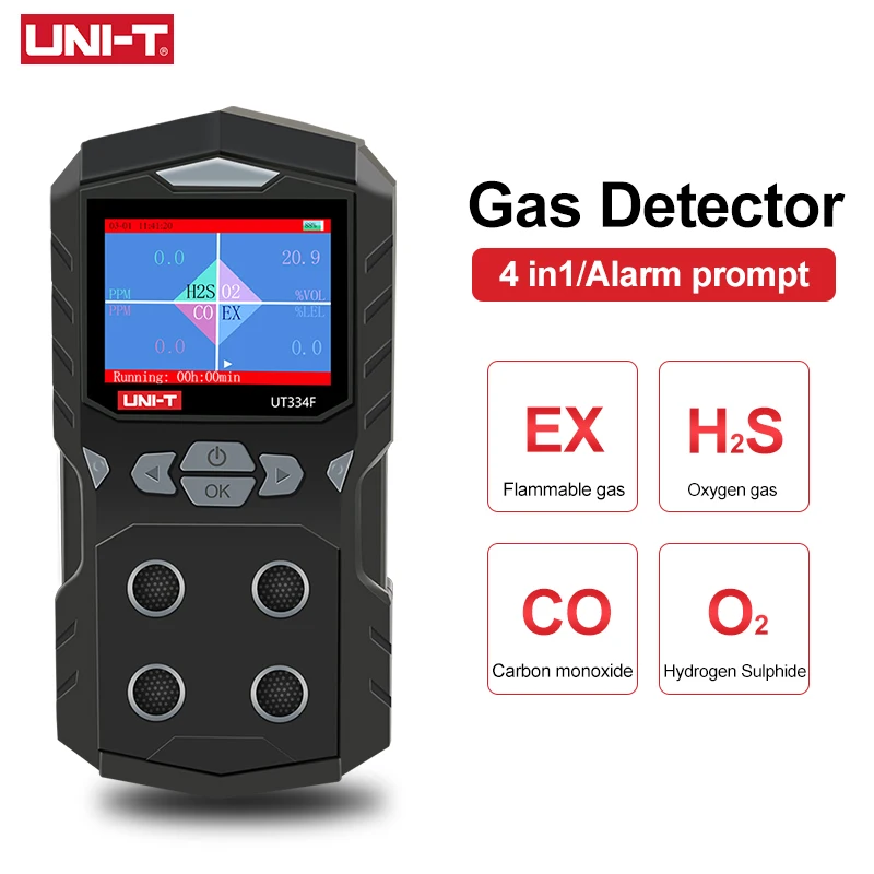 UNI-T UT334E Multi Gas Detector Gas Meter O2 H2S CO LEL Oxygen Hydrogen Sulfide Carbon Monoxide Combustible Gas Leak Detector