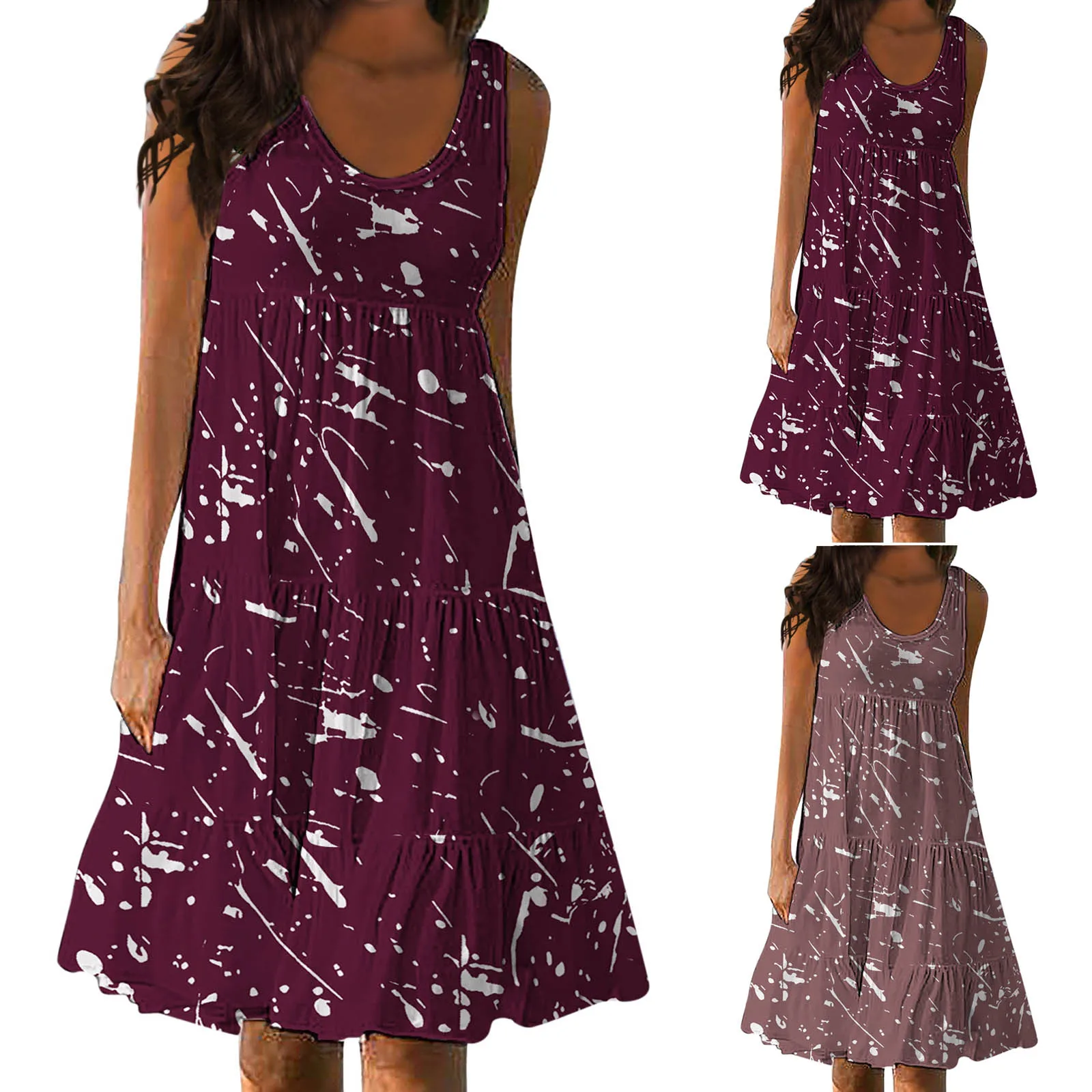 

Women Floral Mini Dress Vintage Round Neck Sleeveless Loose Dress Elegant Sundress Boho Beach Sundress Swing Dresses Vestidos