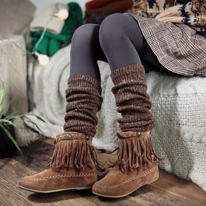 

Women's Winter Warm Wool Sequin Hosiery Cover Knitted Knee Pad Pile Socks Leg Cover Vintage Thick Thread Color Dot Boots Cover