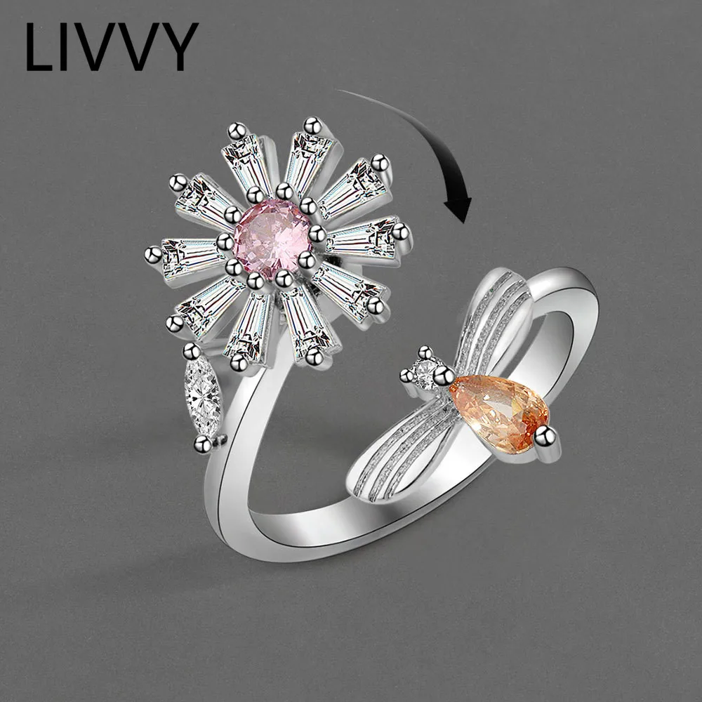 

LIVVY Silver Color New Creative Multi-Coloured Crystal Zircon Rotatable Flower Ring Women Valentine's Day Gift Fashion Jewelry