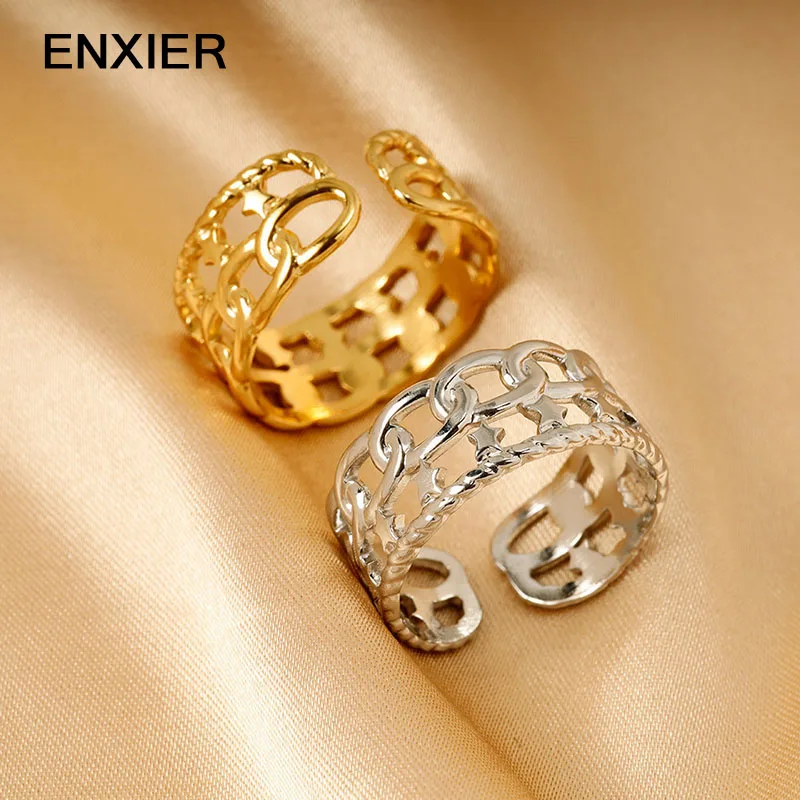 

ENXIER Creative Geometric Star Chain Rings For Women Girls Finger Jewelry 316L Stainless Steel Adjustable Open Ring