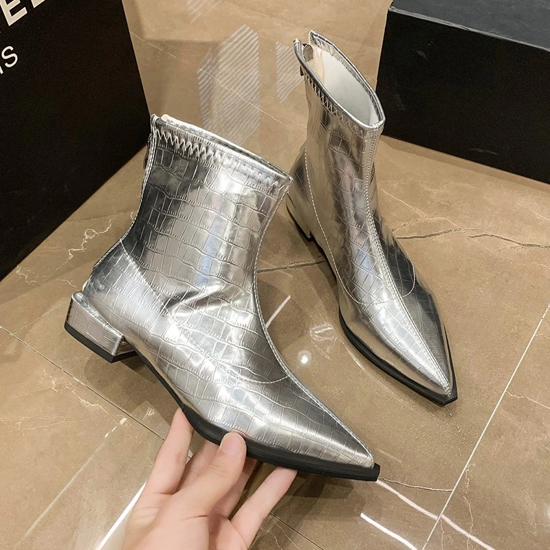 

Women's Boots 2022 Spring Autumn Ankle Boots Fashion Women Silver Zipper Short Boots Ladies Low-heeled Biker Boot Shoes Women