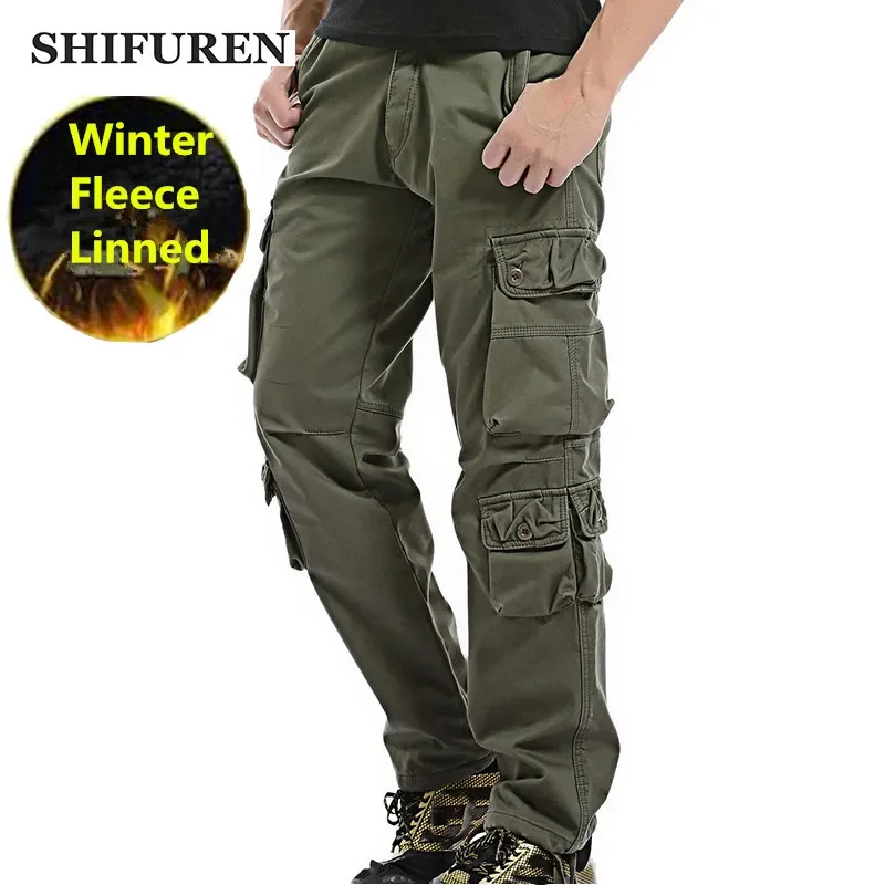

Зимние Бриджи SHIFUREN мужские, свободные, с несколькими карманами, двухслойные, утепленные, в стиле милитари, зеленые, 29-40