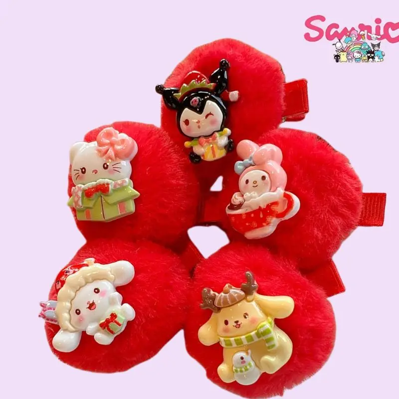 

5pcs1set Sanrio Hello Kitty New Year's Redplush Hairpin Cinnamoroll Melody Kuromi Cute Christmas Sweet Hair Accessories for Girl