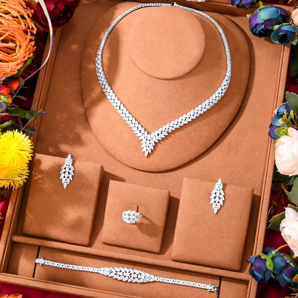 Набор женских украшений GODKI, роскошное блестящее белое прозрачное ожерелье и серьги 4 шт., свадебные аксессуары