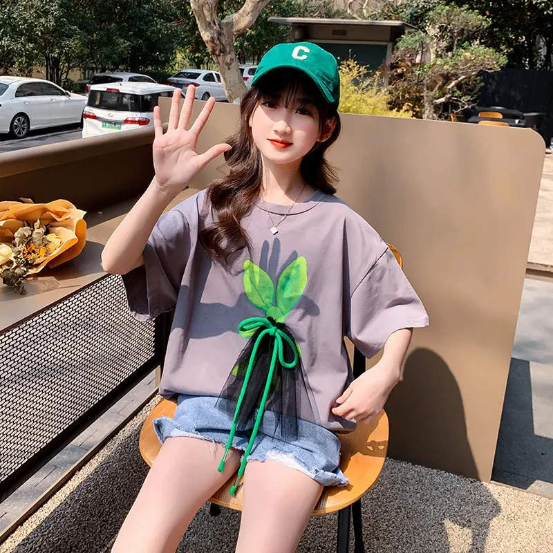 Girls Summer Fashion Clothes Set New Children's Wear Kids Loose Cotton T-shirt + Stylish Shorts Two Piece Suit For Teenager 5-14