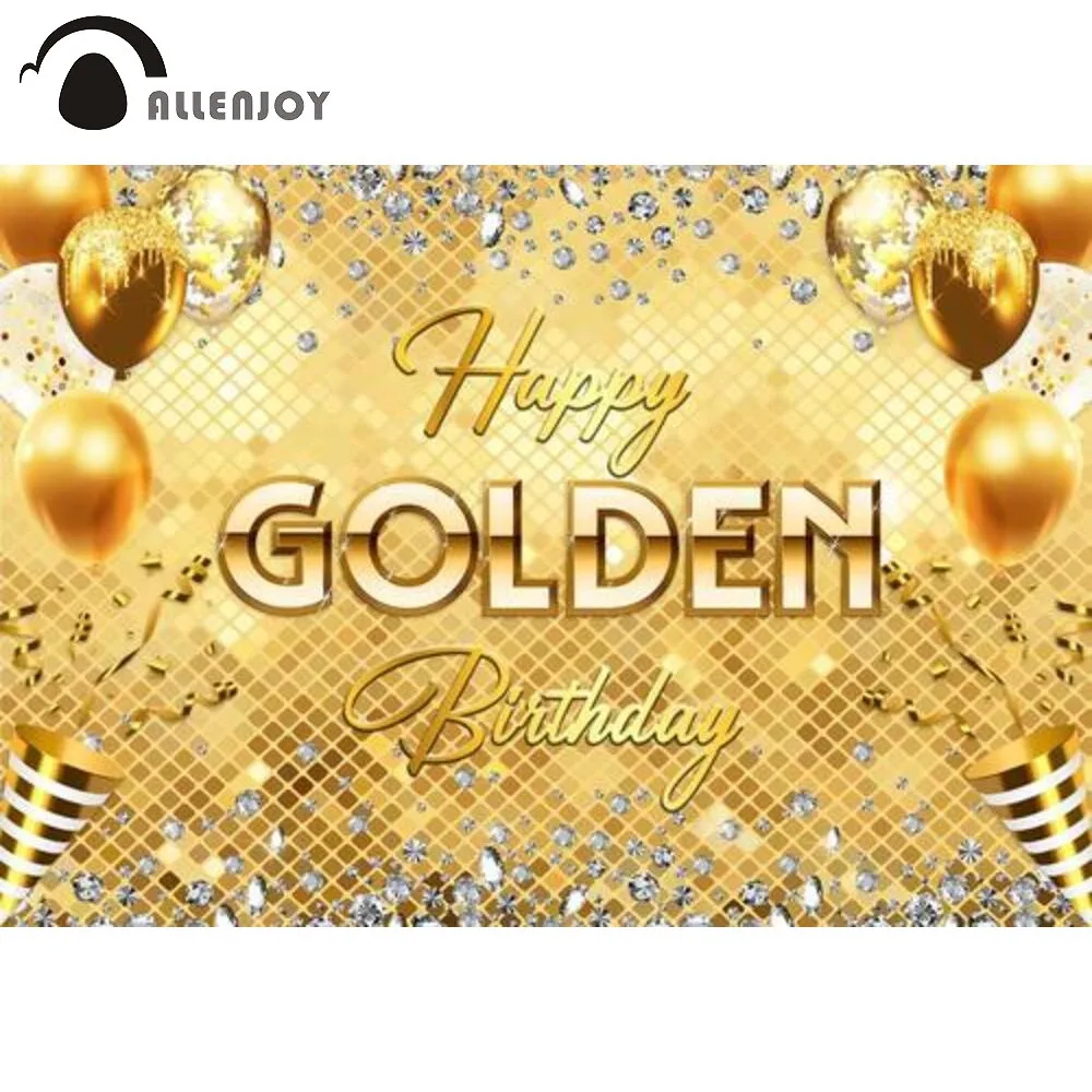 

Allenjoy Happy Golden Birthday Backdrop Gold Shiny Glitter Diamonds Balloons Luxury Party Decor Banner Photo Booth Props