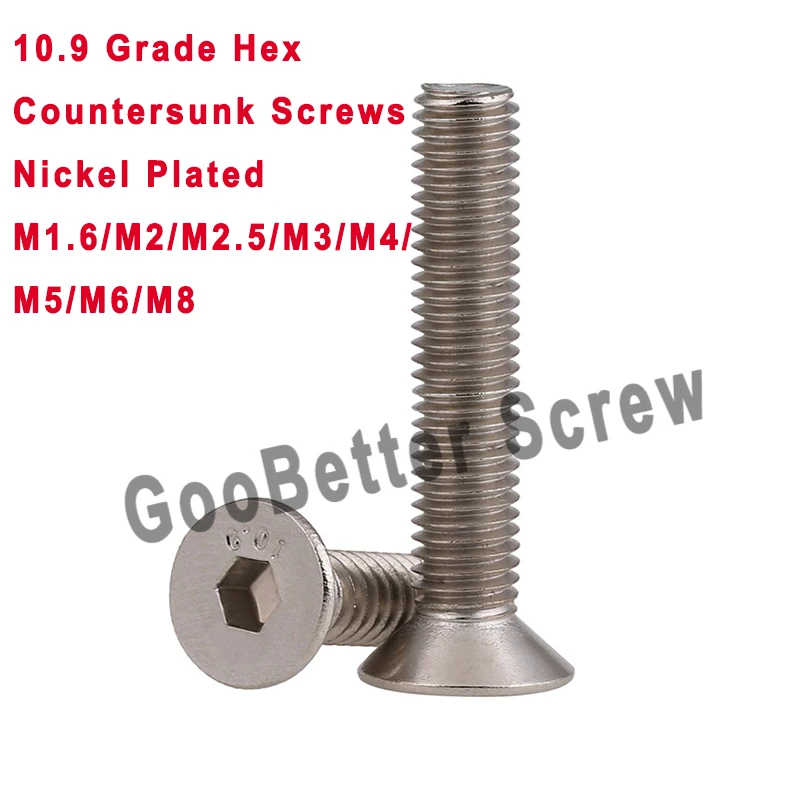 

2/5/10/20/30 Pcs Grade 10.9 Nickel Plated M1.6/M2/M2.5/M3/M4/M5/M6/M8 Hex Socket Head Flat Countersunk Allen Bolt Screw