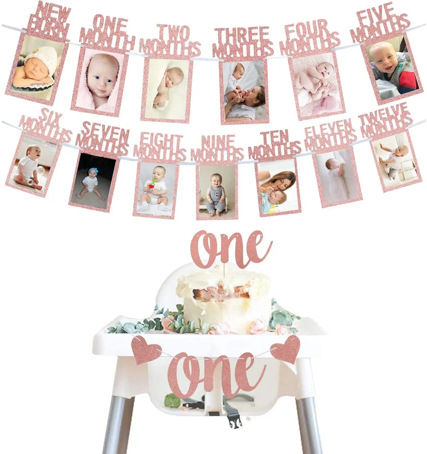 

1st Birthday 12 Months Photo Banner+ Cake Topper+Highchair One Garland Wall Deco Monthly Milestone Picture Baby Birthday Party