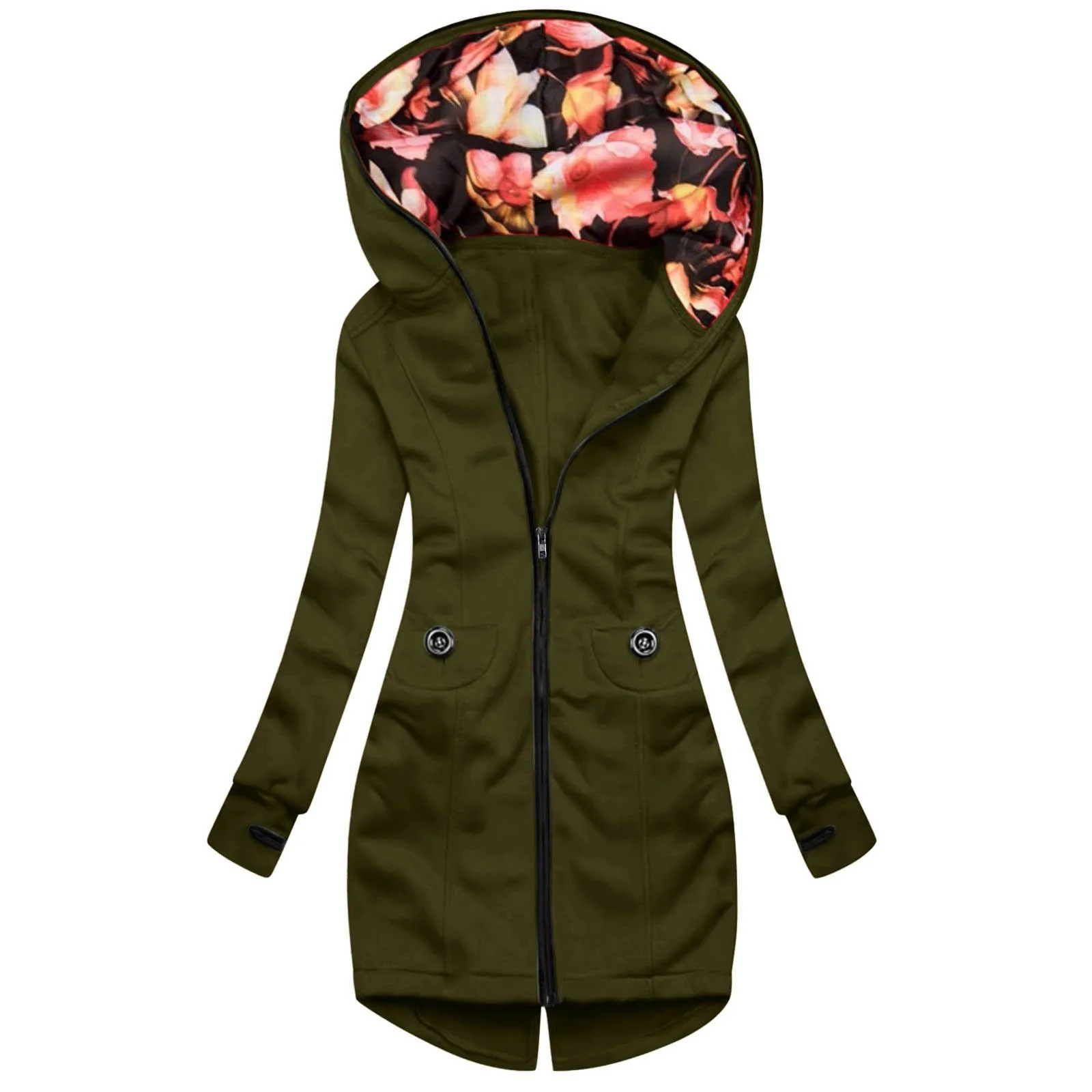 

Women Casual Floral Print Solid Color Hooded Coat Zipper Pocket Shirt Overcoat Long Zippe Sweatshirts for Women Zip Hoodie Dress