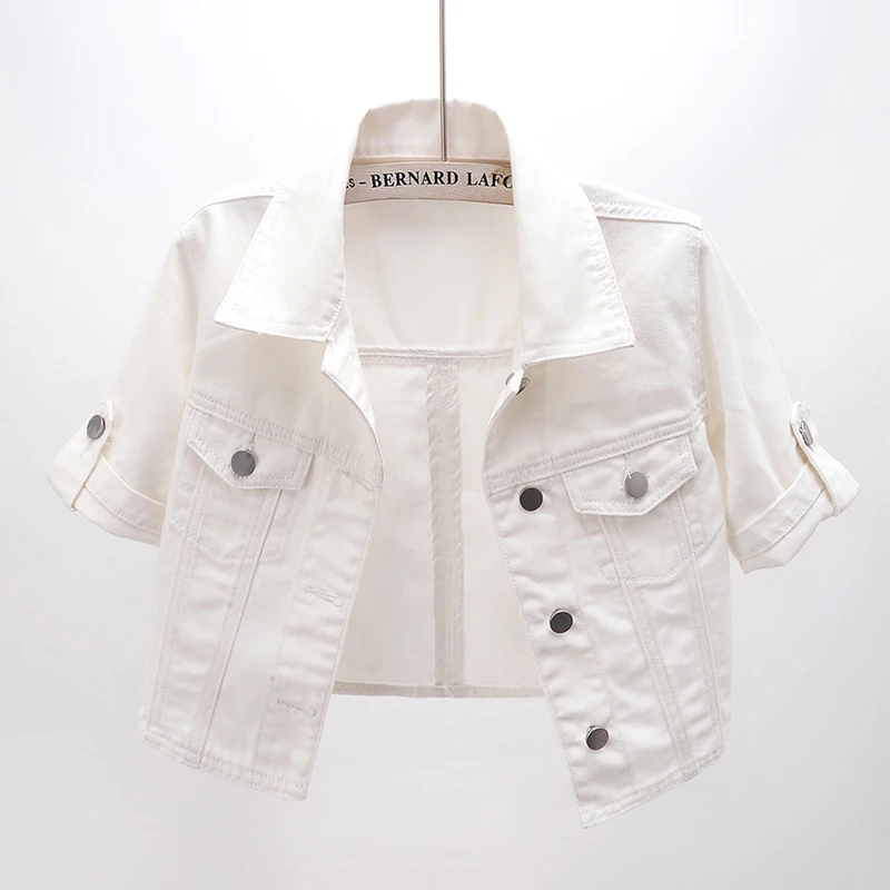

Fashion White Denim Jacket Coat Women Summer Thin Korean Slim Short Cowboy Outerwear Big Pocket Short Sleeve Jeans Jacket Female