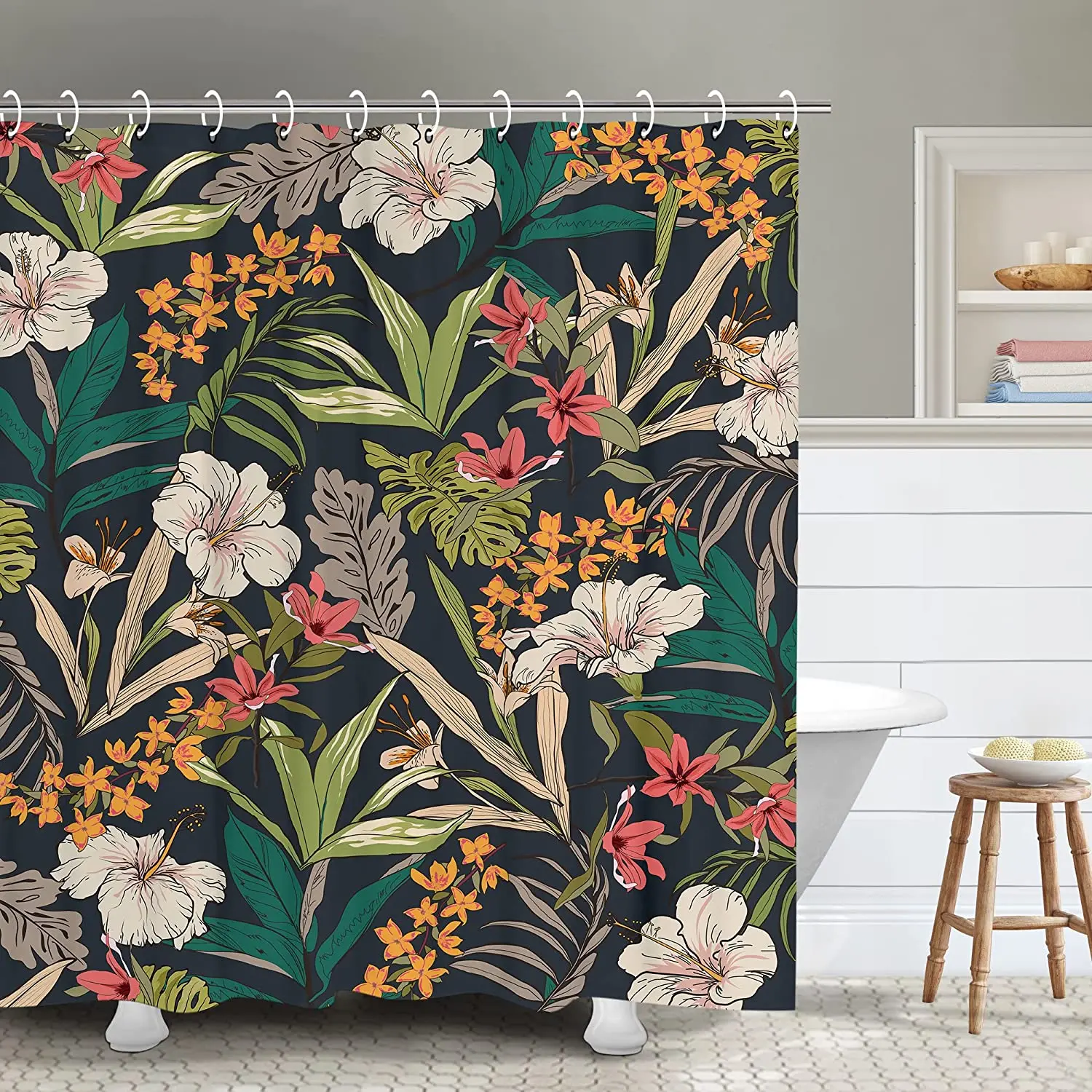 

Tropical Shower Curtain Flowers Cartoon Floral Leaves Bathroom Plant with 12 Hooks Dark Floral Leaf Flower Aesthetic Curtains