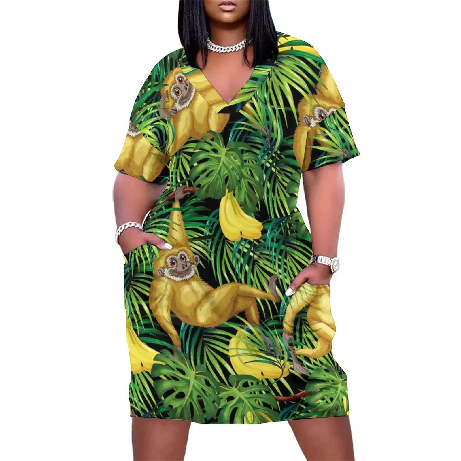 

Monkey Print Casual Dress Ladies Tropical Banana Jungle Cute Dresses Summer Short Sleeve Street Fashion Custom Dress Plus Size