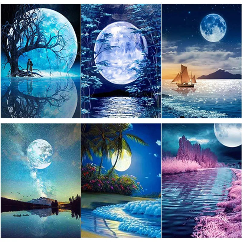 

50X70CM 5D DIY Diamond Painting Moonlight Diamond Embroidery Moonscape Cross Stitch Full Round Drill Home Decor Manual Art Gift