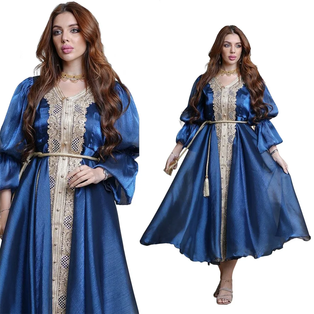 Muslim Arab Middle East Turkish Lantern Sleeve Belt Temperament Evening Gown Dress