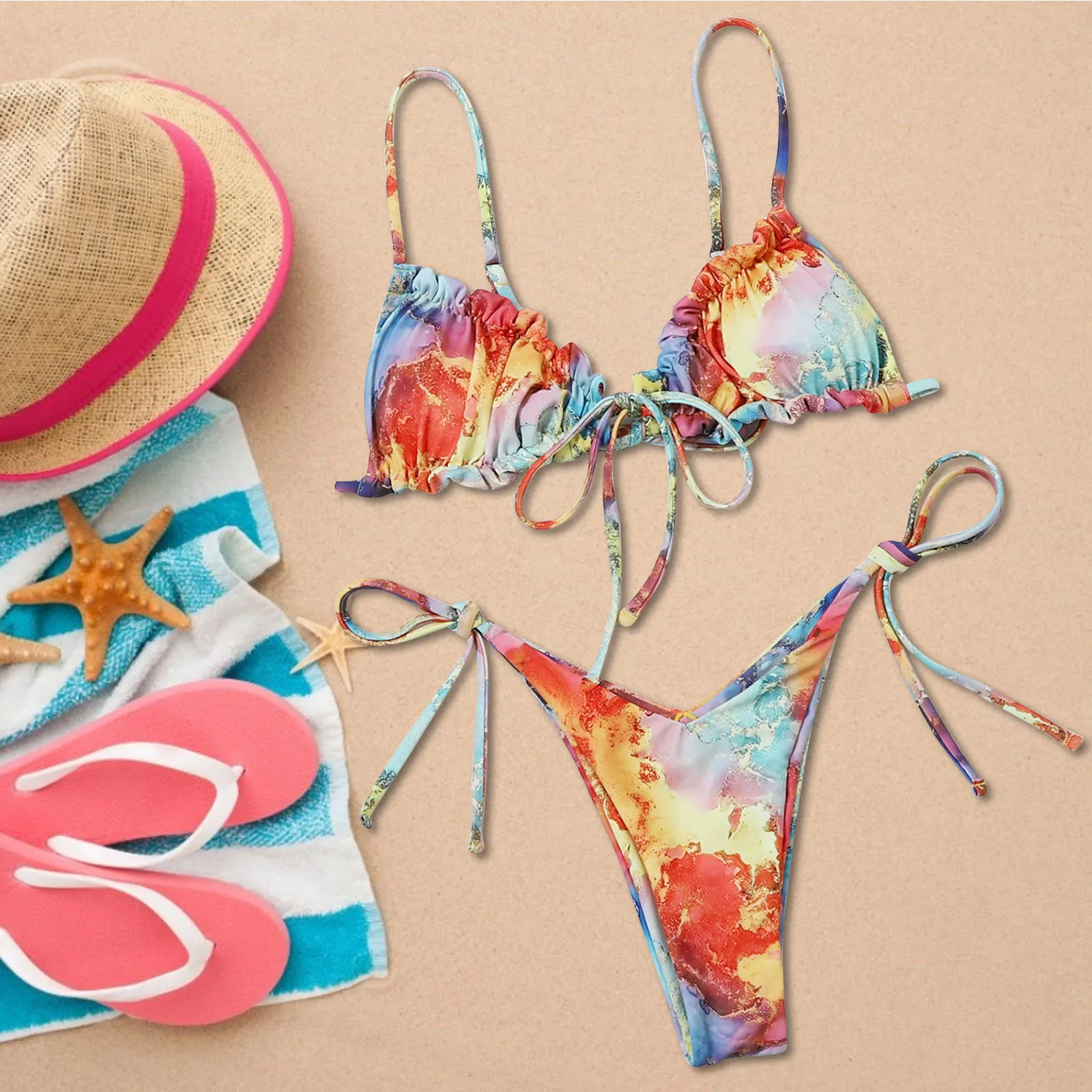 

Sexy Bikini 2023 New Women's Fashion Printing Swimwear Split Swimsuit Lace Up Swimwears Tankinis Set Crop Top And Shorts Set