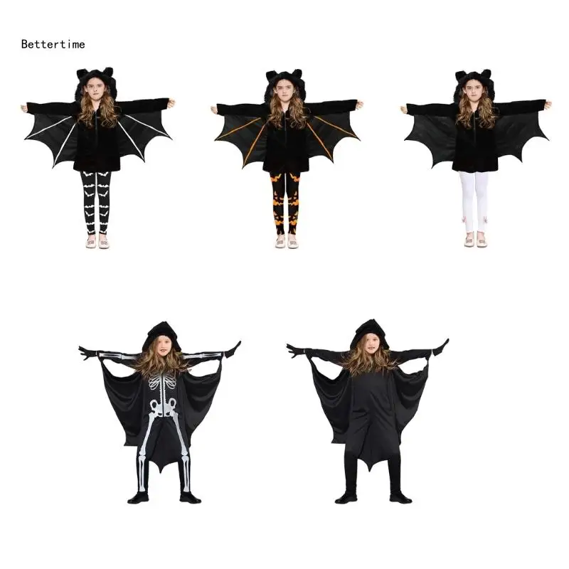 

B36D Bat Costume Halloween Animal Dress Up Costume Accessories Skull Jumpsuit with Hooded Pants Gloves for Kids