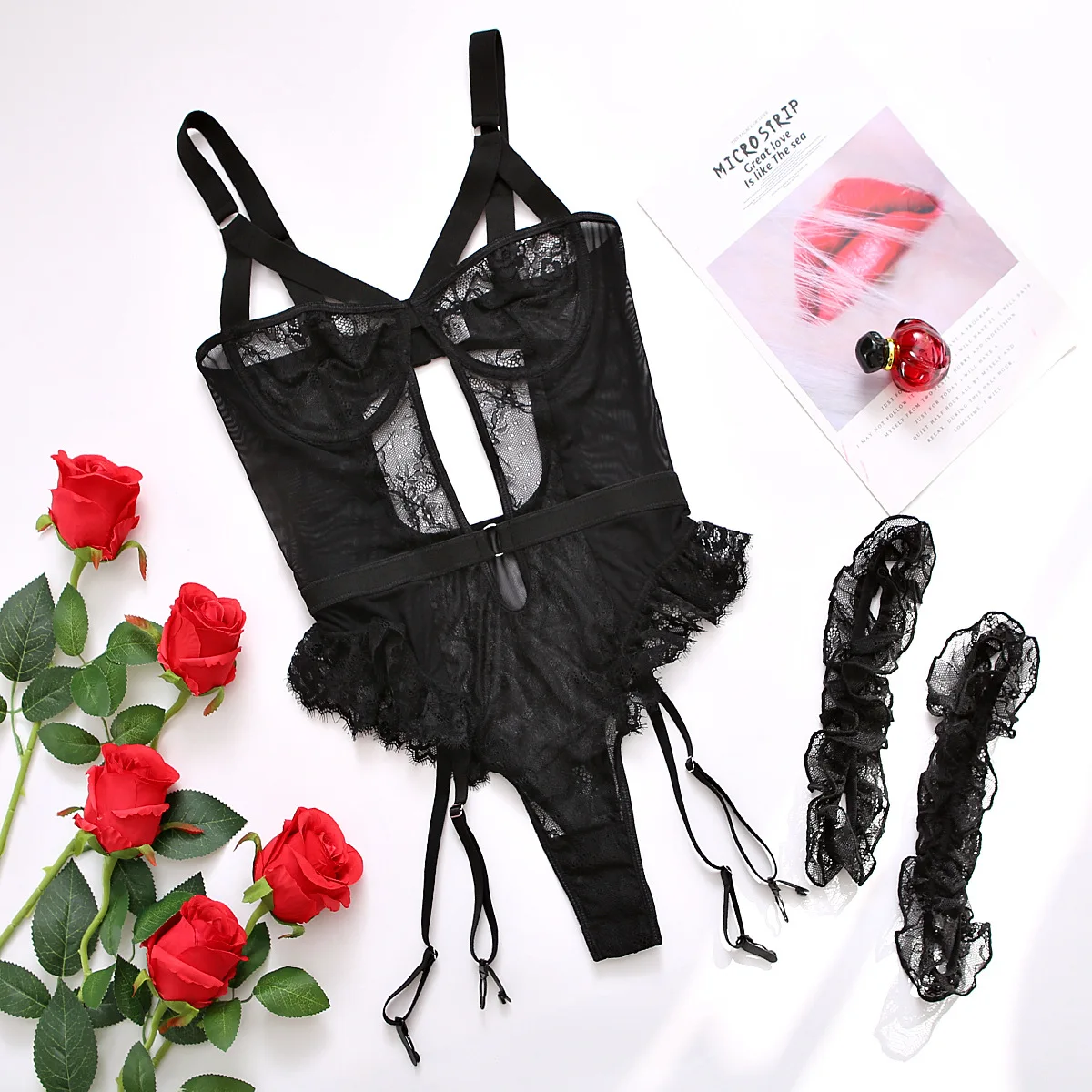 Leechee New One-piece Underwear Lace Embroidered Open Back Bodysuit Hollow Perspective Bra Garter Belt Sexy Lingerie For Women