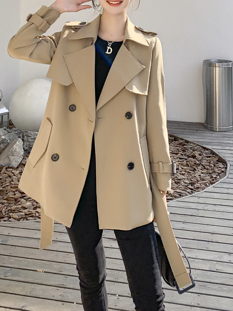 

Женская короткая ветровка цвета хаки, однотонное пальто в Корейском стиле на осень/зиму, облегающий приталенный плащ, черный деловой Тренч для женщин, 2023